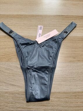 Victoria's Secret Charcoal Satin Thong with Embellished Straps
